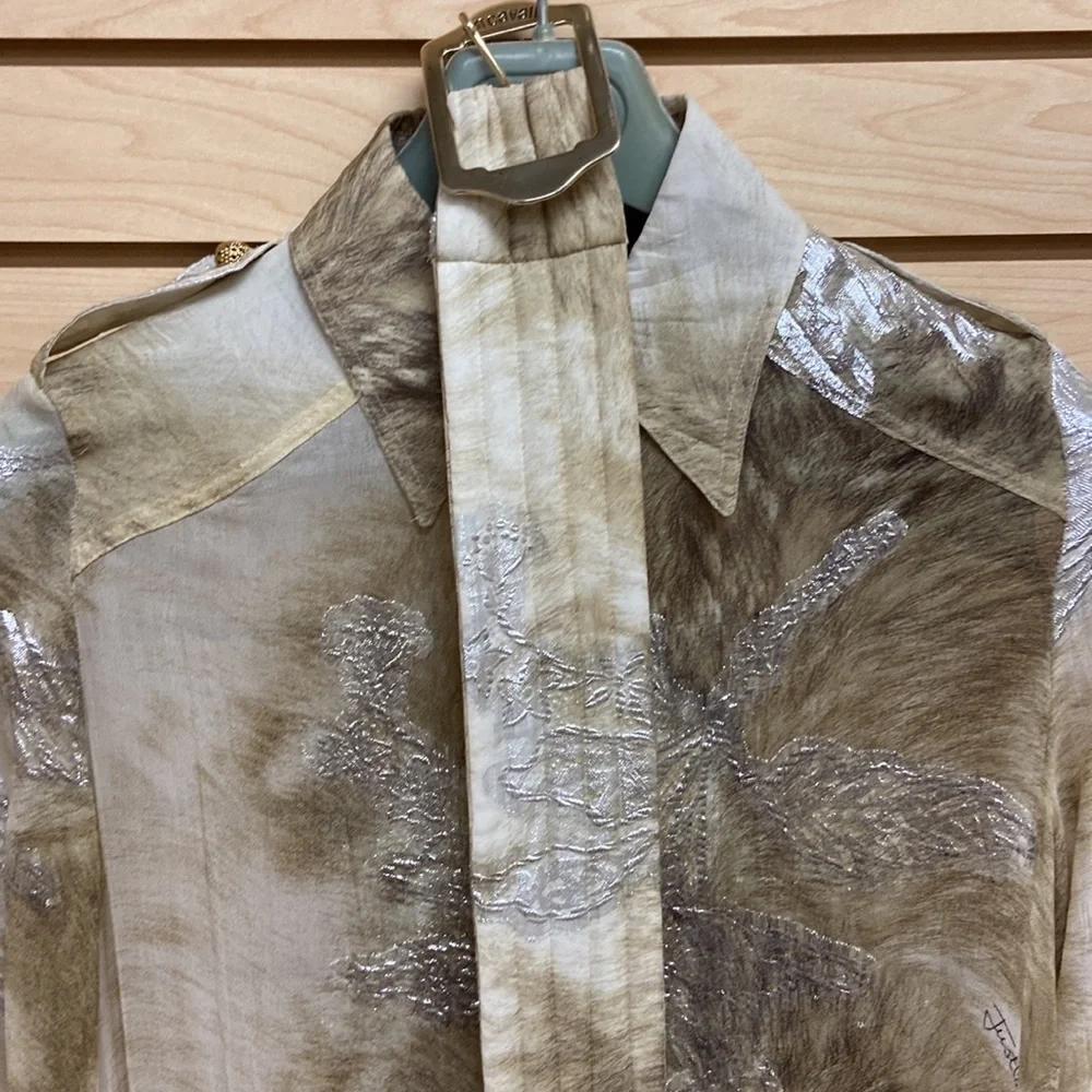 Just Cavalli Silver and Taupe Long Sleeve Ruffle-Hem Shirt Dress - Picture 10 of 11
